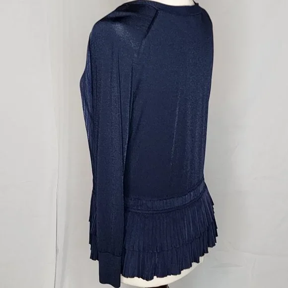 Oscar de la Renta Navy Button Front Ruffle Hem Cardigan Size: L - Picture 9 of 16